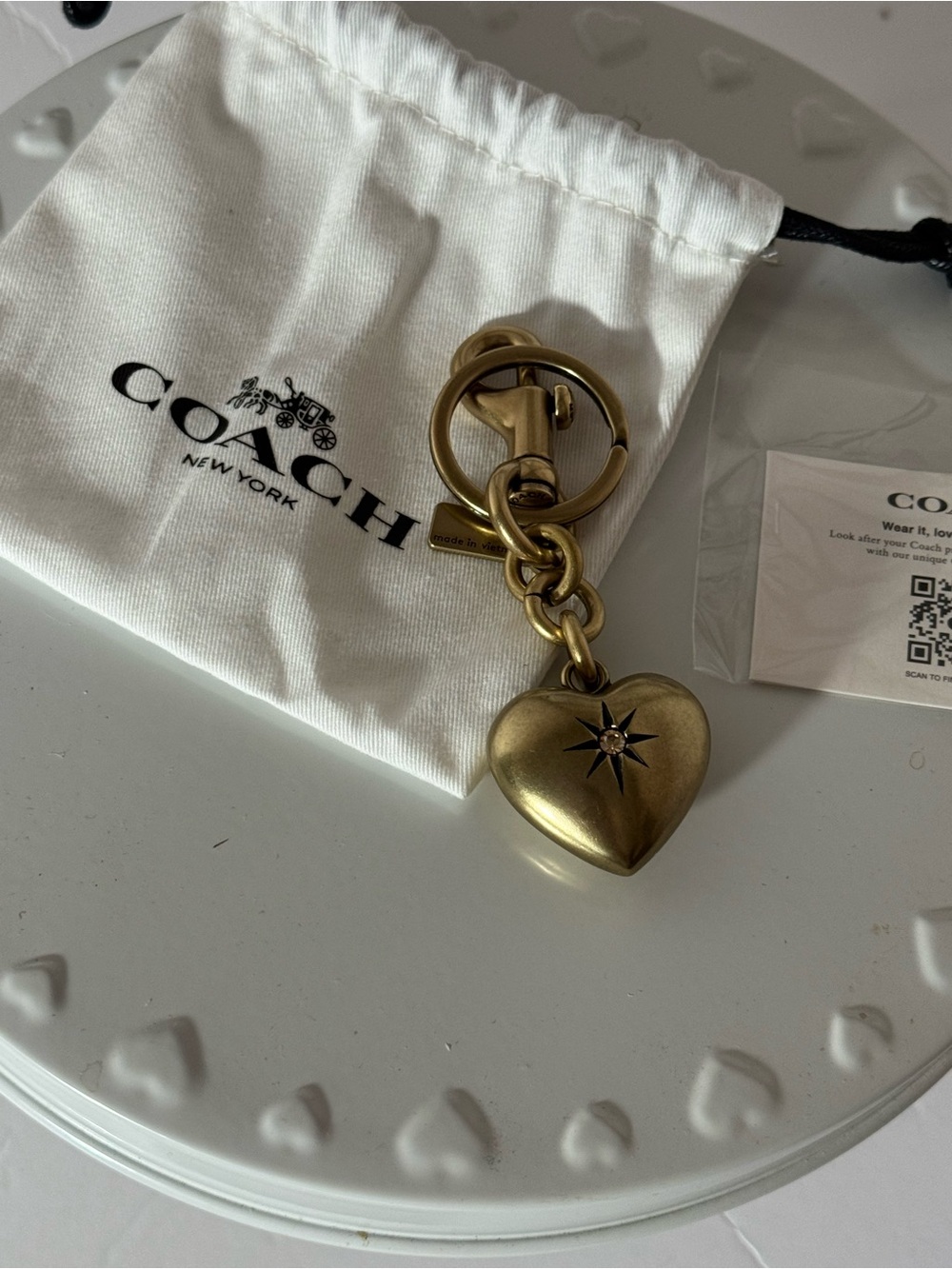 Coach Gold Brass Heart Keyring or purse fob. New NWOT